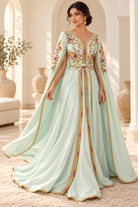 Caftan algérien long en velours prune Mishkat Couture avec manches cape fluides et ceinture brodée pour femme, idéal pour les fêtes d'hiver - Product Image 2