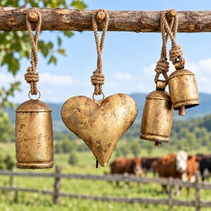 Rustic Brass <b>Heart</b> Wall <b>Hanging</b> Decor with Bells for Home Decoration - Product Image 2