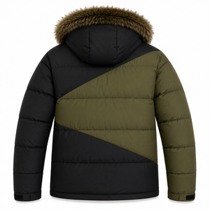 Veste d'hiver décontractée en velours côtelé pour homme, avec capuche amovible en fausse fourrure, logo frontal, rembourrage en duvet, imperméable et coupe-vent, vente en gros - Product Image 3