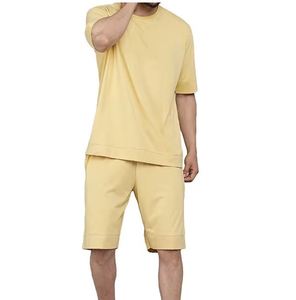 Men's Solid Color Knitted Short Sleeve <b>T</b>-<b>Shirt</b> and Shorts Set Yellow Casual Summer Wear - Product Image 1