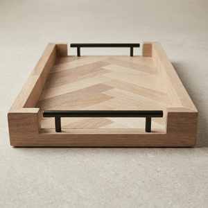 Bandeja de Madera Hecha a Mano con Incrustaciones de Espiga, Moderna, para Servir Bebidas, con Asas Laterales de Metal Negro, para Diwali y Bodas - Product Image 2