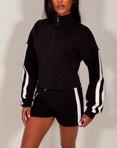 Women's Cotton/Poly Blank Full <b>Zip</b> Sweatshirt & Short Lounge Set OEM Design Pattern 320 Fleece Streetwear Jogging Tracksuit - Product Image 2