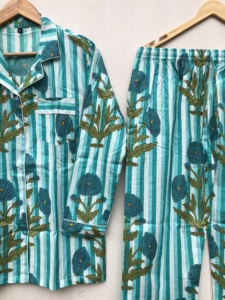 Floral cotton night <b>suit</b> Handmade Cotton <b>Pajama</b> Set Hand Block Print Floral Indian Night <b>Suit</b> cotton wear dress - Product Image 2