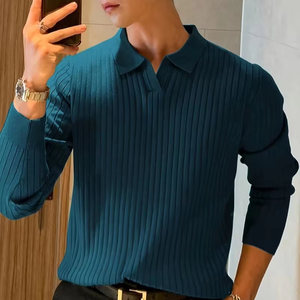 Polo de Punto Acanalado de Manga Larga para Hombre, Alta Elasticidad, Corte Ajustado, Color Sólido, Cuello con Solapa sin Botones, Texturizado, Ropa Casual para Hombre - Product Image 2
