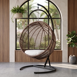 Fauteuil suspendu en rotin de qualité supérieure pour l'extérieur avec support en acier et coussin pour patio, jardin, resort, bord de piscine - Product Image 4
