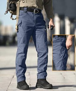 Men's Navy Tactical Cargo Pants High Waist Multiple <b>Pockets</b> Canvas Material Workwear Style Quick Dry Autumn Outdoor <b>Trousers</b> - Product Image 3