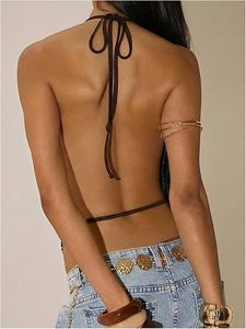 Women's <b>Fringe</b> Trim Halter <b>Tops</b> Tie Backless Party Going Out Tank <b>Tops</b> - Product Image 3