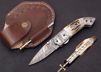 Couteau de poche pliant artisanal personnalisé en acier Damas FH-4, pointe tombante, manche en corne de cerf, pour sports de plein air, camping, bricolage, OEM