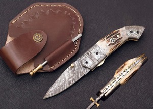 Cuchillo de bolsillo plegable de acero de Damasco hecho a mano con punta de caña, mango de cuerno - DIY OEM, regalo multifuncional de aniversario para él - Product Image 2
