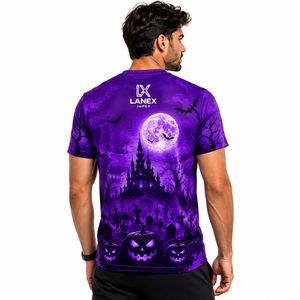 T-shirt personnalisé pour homme Halloween, motif citrouille Jack O'Lantern violette et château hanté, imprimé 3D, manches courtes, streetwear décontracté - Product Image 4