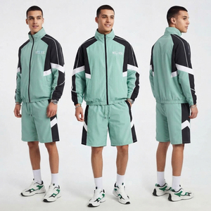Conjunto Deportivo para Hombre en Verde Menta con Bloques de Color, Chaqueta Cortavientos de Manga Larga y Pantalones Cortos con Cordón, Secado Rápido, Nailon - Product Image 4
