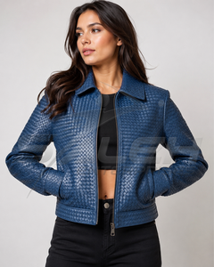 Exclusive Handcrafted Blue Intrecciato Cowhide <b>Leather</b> <b>Jacket</b> Unisex Luxury Woven Designer Outerwear Private Label - Product Image 3