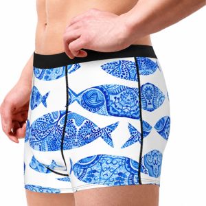 Custom Mens Sublimated <b>Boxer</b> Briefs Blue Fish Print Breathable Stretch Underwear Private Label Sports Underpants OEM Supplier PK - Product Image 2