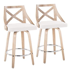 Sgabello da Bar Charlotte 26 Pollici, Altezza Fissa, Stile Rustico, Girevole, in Legno Bianco Decapato, Tessuto Crema, Base in Metallo Cromato - Product Image 1
