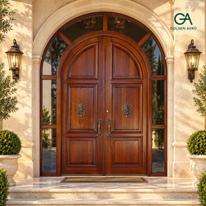 Puerta de Entrada Doble de Madera Sólida Arqueada de Lujo con Paneles Laterales y Travesaño de Vidrio para Villas Personalizadas GA-39S - Product Image 1