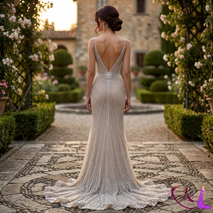 Vestido de noche de lujo con cuentas estilo champán |   Vestido de Fiesta de Diseño con Escote Profundo en V |   Vestido Elegante de Corte Entallado para Novia y Eventos Formales con Brillos - Product Image 3