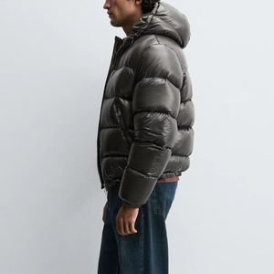 Custom Logo Men Black Shiny Puffer Jacket Thick Hooded Winter <b>Bubble</b> <b>Coat</b> Luxury Streetwear Windproof Zipper Outerwear - Product Image 3