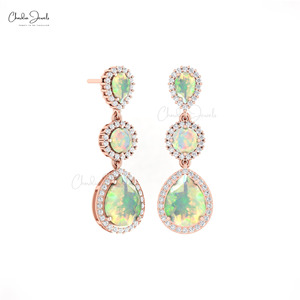 Three Stone Halo Drop <b>Earrings</b> 6.14 CT Pear Cut Ethiopian Opal Cocktail <b>Earrings</b> 14k Pure Gold Hallmarked <b>Earrings</b> Wholesale Lot - Product Image 1