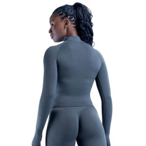 Women Steel Blue Grey <b>Long</b> <b>Sleeve</b> High Neck <b>Gym</b> <b>Top</b> Slim Fit Training Shirt Fitness Yoga Activewear Custom Logo Manufacturer OEM - Product Image 2