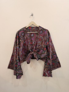 100% <b>Silk</b> Vintage Eco-Friendly Wrap <b>Top</b> Long Bell Sleeves Resort & Festival Wear - Product Image 3