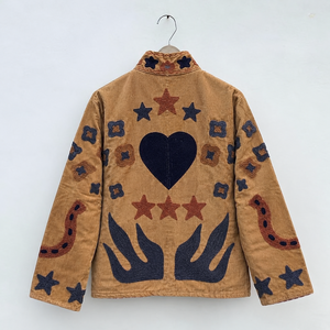 Hand Embroidered <b>Velvet</b> Ethnic Cotton <b>Jacket</b> with Heart and Star Patchwork Stand Collar Full Sleeve Autumn <b>Women's</b> Coat - Product Image 2