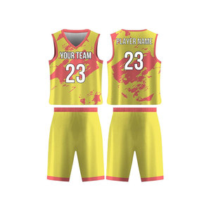 Ensemble de maillots de basket personnalisés, col en V, sans manches, impression sublimée, jaune et rouge, vêtements d'équipe unisexes, vêtements de sport respirants en maille pour adultes - Product Image 1