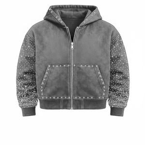 <b>Women's</b> Zip Up Hoodie Acid Wash <b>Black</b> <b>Fleece</b> Sweatshirt Rhinestone Studded Dot Pattern Pullover - Product Image 3