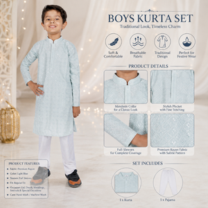 Light Blue Rayon Boys Kurta <b>Pajama</b> <b>Set</b> | Full Sleeve Regular Fit Ethnic Wear Traditional Pakistani Style Festive Wedding Outfit - Product Image 2