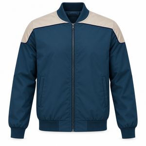 Chaqueta Bomber Color Block para Hombre, Azul Marino y Beige, Cuello Alto, Cierre de Cremallera, Estilo Casual, para Otoño - Product Image 1