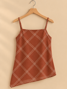 Asymmetric Plaid <b>Spaghetti</b> <b>Strap</b> <b>Top</b> Women Casual Woven Sleeveless Relaxed Fit All Seasons Brown Patterned Cami <b>Tank</b> <b>Top</b> - Product Image 2