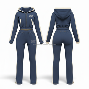 Ensemble de survêtement à capuche pour femme, couleur unie, manches longues, fermeture éclair sur le devant, décontracté, pour l'automne - Product Image 3