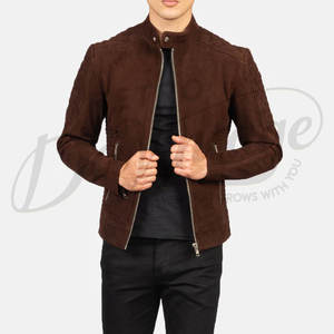 Veste en cuir suédé marron chocolat de qualité supérieure pour homme, coupe ajustée, matelassée losanges, style motard, col montant élégant, manteau d'hiver - Product Image 1