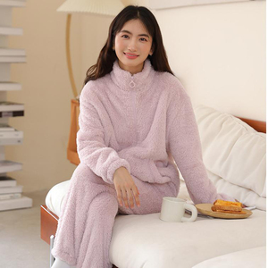 Conjunto de Pijama de Forro Polar para Mujer, Manga Larga, Color Sólido, Cierre Frontal con Cremallera, Ropa de Dormir Cálida para Invierno, Tejido Suave, 100% Poliéster - Product Image 2