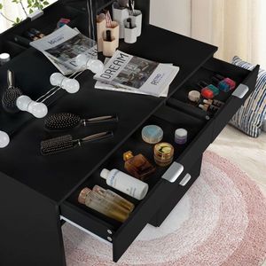 Modern Design <b>Dressing</b> Table Set 6-Pump Triamine Veneer 2-Shelf Mirror Cabinet with 3-Tone Light Bulbs Black for Bedroom - Product Image 5