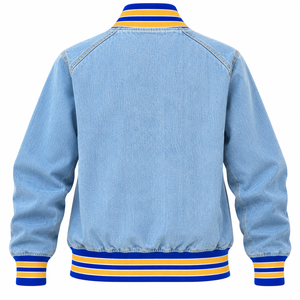 Chaqueta Bomber de Mezclilla para Mujer en Azul Claro, Azul Rey y Amarillo, con Escudo Bordado, Cierre de Botones a Presión y Puños Acanalados, Estilo Casual - Product Image 5