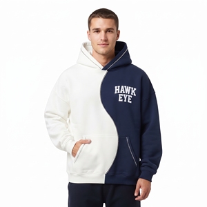 Sudadera con Capucha Bicolor para Hombre, Bloques de Color, Algodón y Forro Polar, Oversize, Casual, Blanco y Granate, Ajuste Relajado, Hombros Caídos - Product Image 2