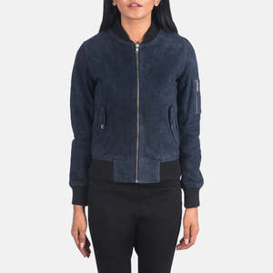 Women's Navy Blue <b>Suede</b> Motorcycle <b>Jacket</b> Full Sleeve Zipper Front Stand Solid Color Streetwear Winter Windproof Waterproof - Product Image 4