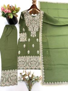 <b>Women</b> Traditional Olive Green Silk Sharara Set With Heavy Embroidery Floor-Length Loose Fit <b>Wedding</b> <b>Dress</b> India Style <b>Suit</b> - Product Image 4