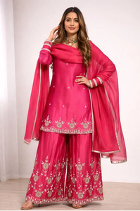 Ensemble Salwar Kameez en Soie Brodé Rose, Longueur Cheville, Tenue Traditionnelle Indienne/Pakistanaise pour Mariage/Soirée d'Été, avec Châle, Séchage Rapide - Product Image 1