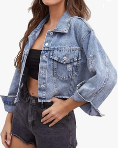 Women's Distressed Denim Jacket Cropped Vintage Formal Style <b>Button</b> Front Solid Color Windproof Breathable Eco-Friendly - Product Image 5