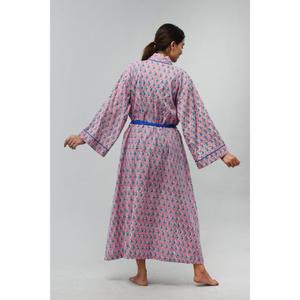Pink Floral Printed <b>Long</b> Cotton <b>Kimono</b> <b>Robe</b> Blue Belt Drawstring V-Neck Full Sleeve Breathable Eco-Friendly Quick Dry Women's - Product Image 2