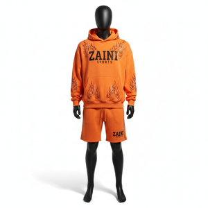 Ensemble sweat à capuche et short en molleton épais coton-polyester pour homme, imprimé flamme strass orange personnalisé - Product Image 6