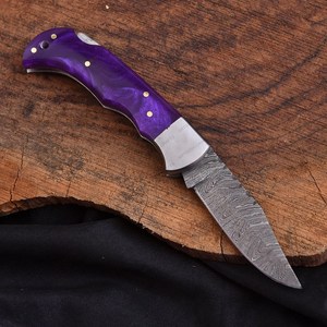 Couteau utilitaire pliant en acier Damas SHARP POINT TRADES, lame droite, ouverture par bouton de pouce, manche en bois, design artistique, OEM - Product Image 5