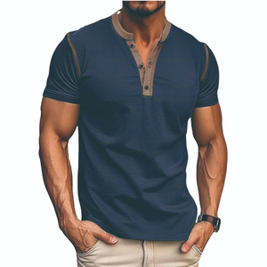 SELF INDUSTRIES T-shirts décontractés d'été pour hommes, à manches courtes, en popeline respirante, mélange polyester/coton imprimé, à bouton unique - Product Image 5