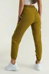Pantalon cargo vert olive taille haute pour femme, coupe ample, avec cordon de serrage, longueur cheville, décontracté, en coton tricoté, avec poches, style automne - Product Image 2