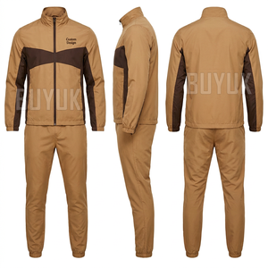 Survêtement Homme Marron Crème à Blocs de Couleurs, Manches Longues, Fermeture Éclair, Col Montant, Coupe Sportive Droite, en Polyester, Idéal pour l'Automne - Product Image 6