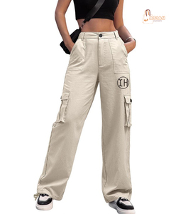 Pantalon cargo décontracté taille haute pour femme, coupe large et droite, avec poches, 100 % coton, idéal pour l'automne - Product Image 1