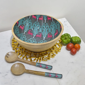 Bol en bois fait main avec motif bohème à l'intérieur et cuillères assorties pour servir les aliments à prix avantageux - Product Image 3