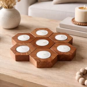 Support de bougie chauffe-plat hexagonal en bois massif de style nordique – Centre de table modulaire en nid d'abeille pour la maison et les événements - Product Image 1