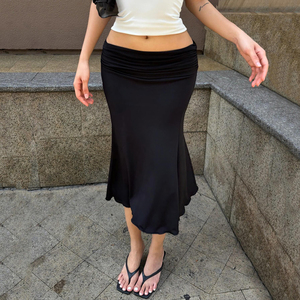 Falda Midi de Punto de Color Sólido para Mujer, Falda Lápiz Ajustada de Cintura Alta con Fruncido, Elegante y Sexy, Falda Larga que Realza la Figura, Estilo Urbano - Product Image 4